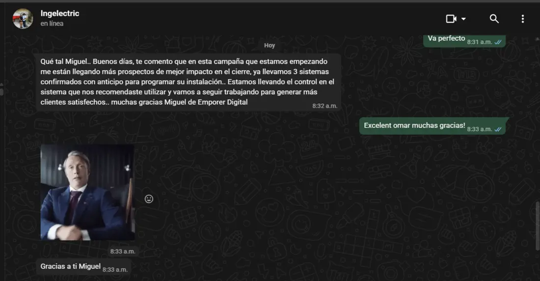 Mensaje de Ingelectric reportando tres sistemas confirmados con anticipo